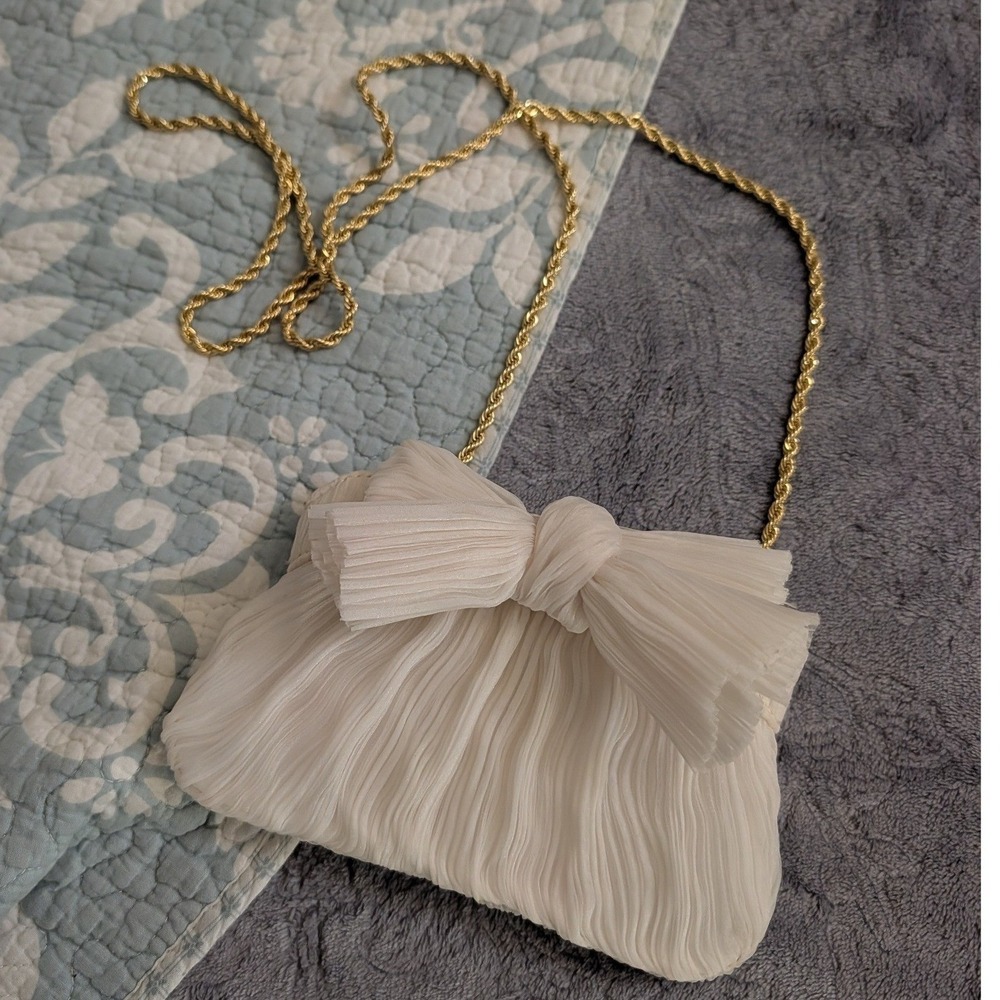 Loeffler Randall Rayne Mini Pleated Bow Clutch Cream Gold Chain Crossbody Bag